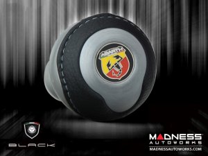 FIAT 500 Gear Shift Knob - Black Italy - Silver Base/ Black Leather Top + ABARTH Logo - V2